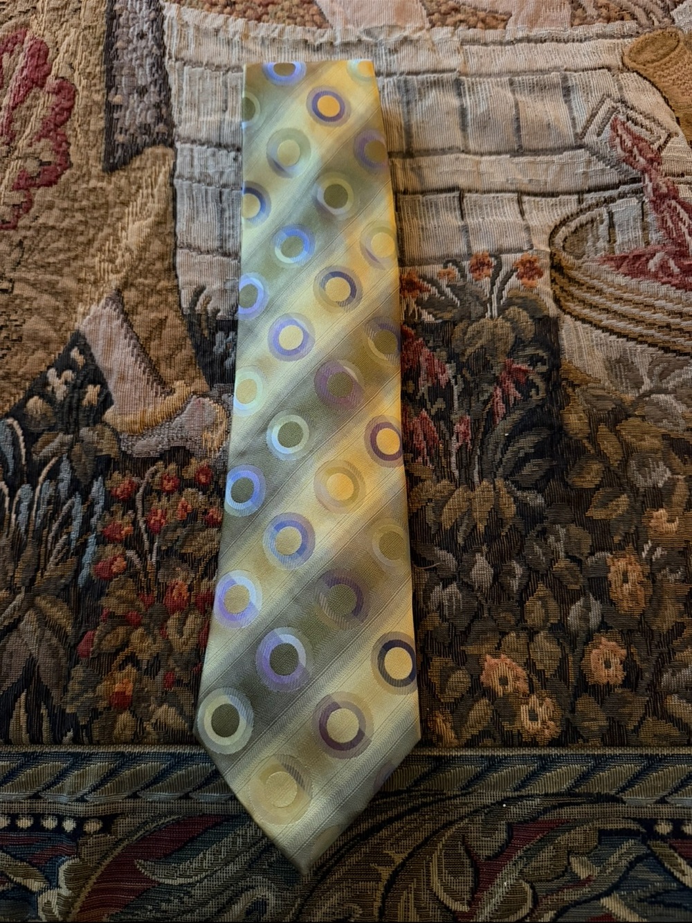 Kenneth Cole Men's Yellow Patterned Silk Tie with Circular Motif